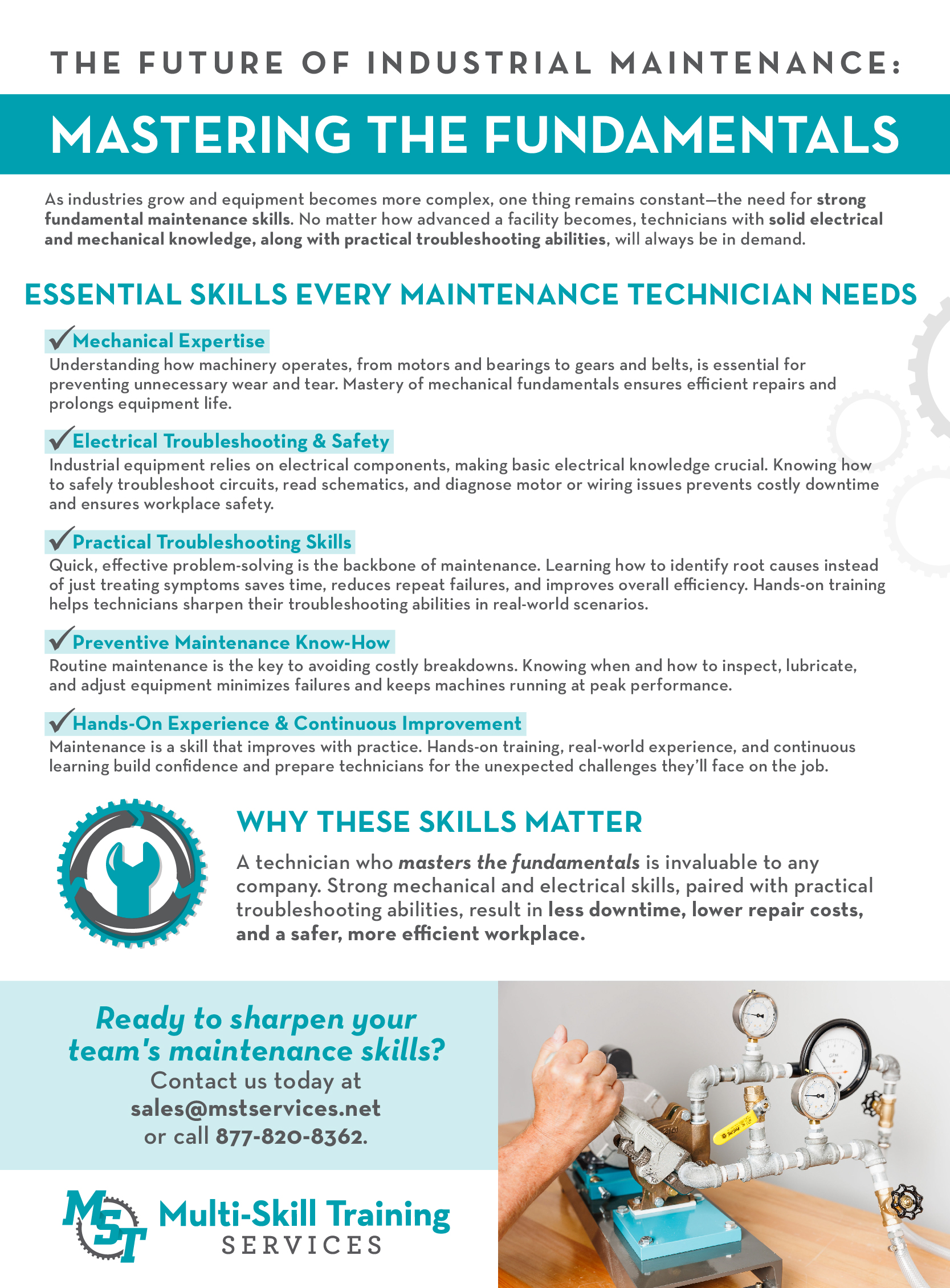 Infographic highlighting the essential skills every maintenance technician needs, including mechanical expertise, electrical troubleshooting, and hands-on experience.